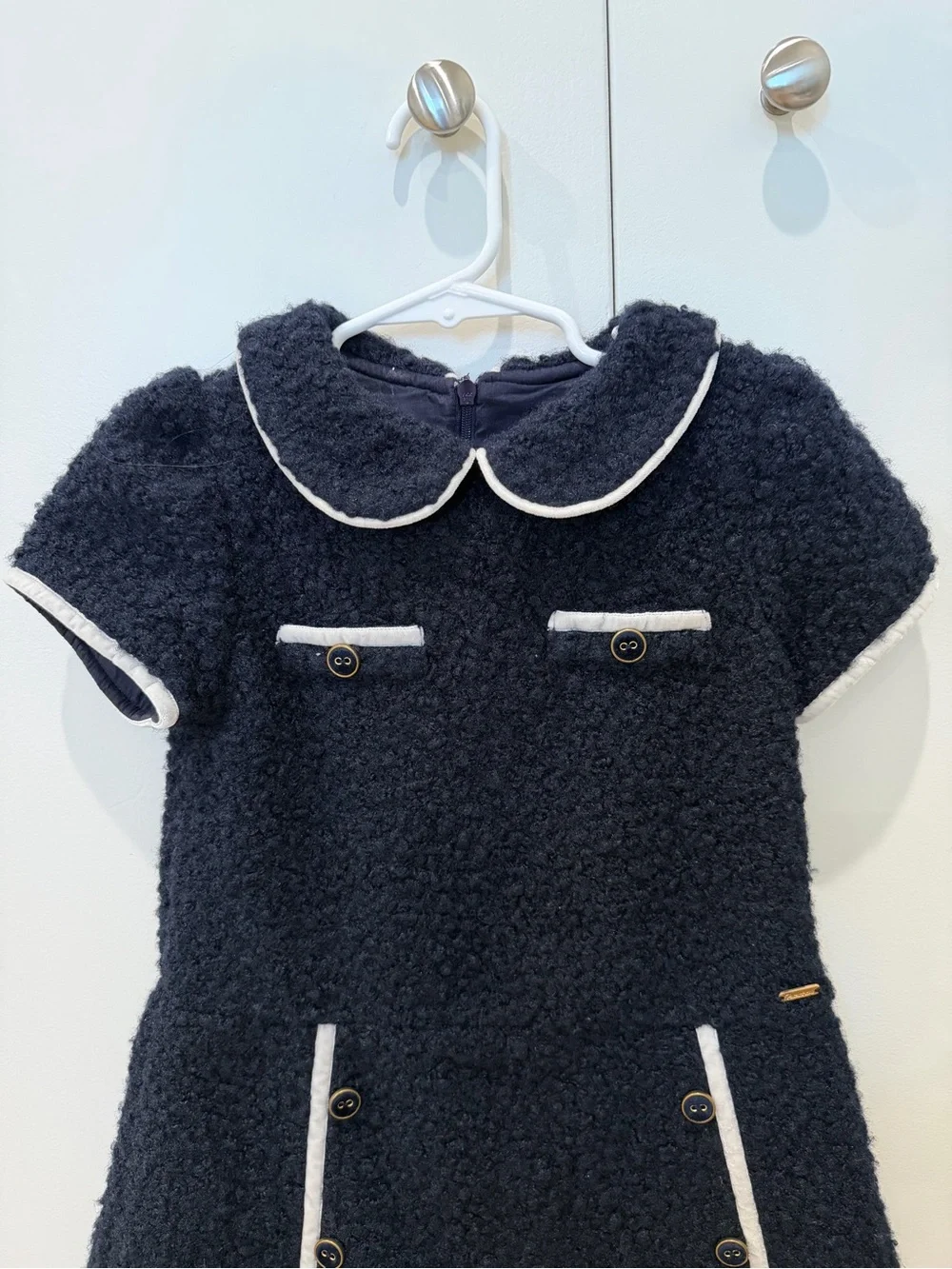Patachou Girls' Black Bouclé Dress with White Trim